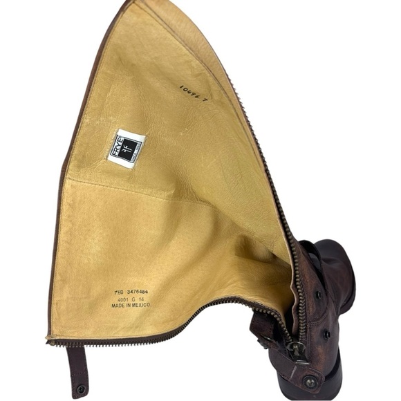 FRYE VERONICA BROWN DISTRESSED TALL MOTO EQUESTRIAN STYLE BACK ZIP LEATHER BOOTS - Picture 12 of 14